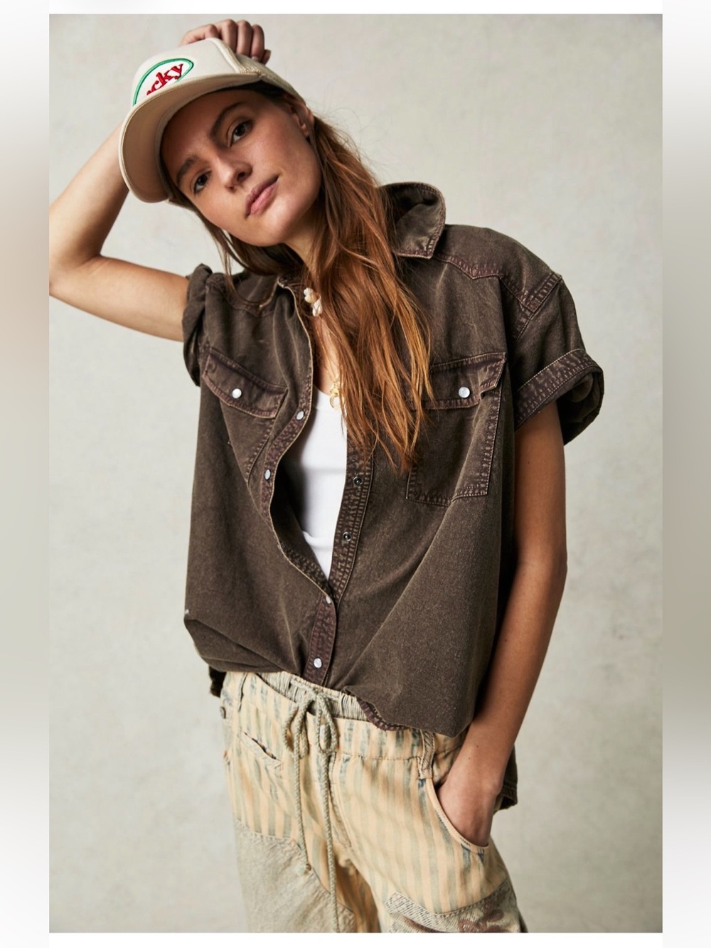 Free People EUC The Short Of It Denim Top Size Large in Chocolate